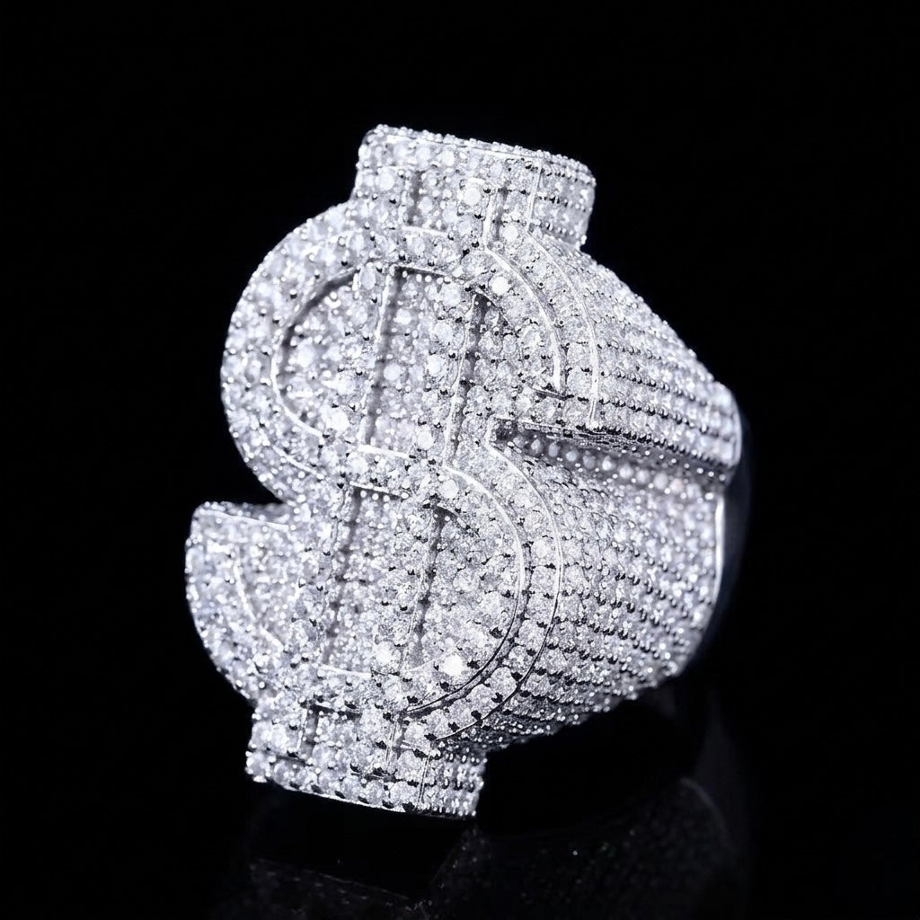Dollar sign moissanite with silver ring